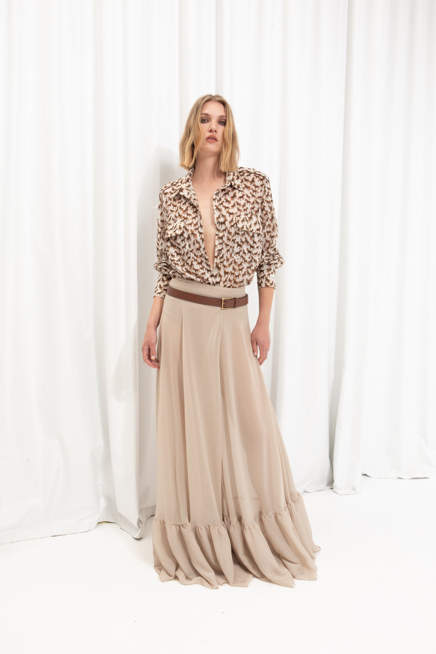 VK Beige Ruffled Maxi Skirt