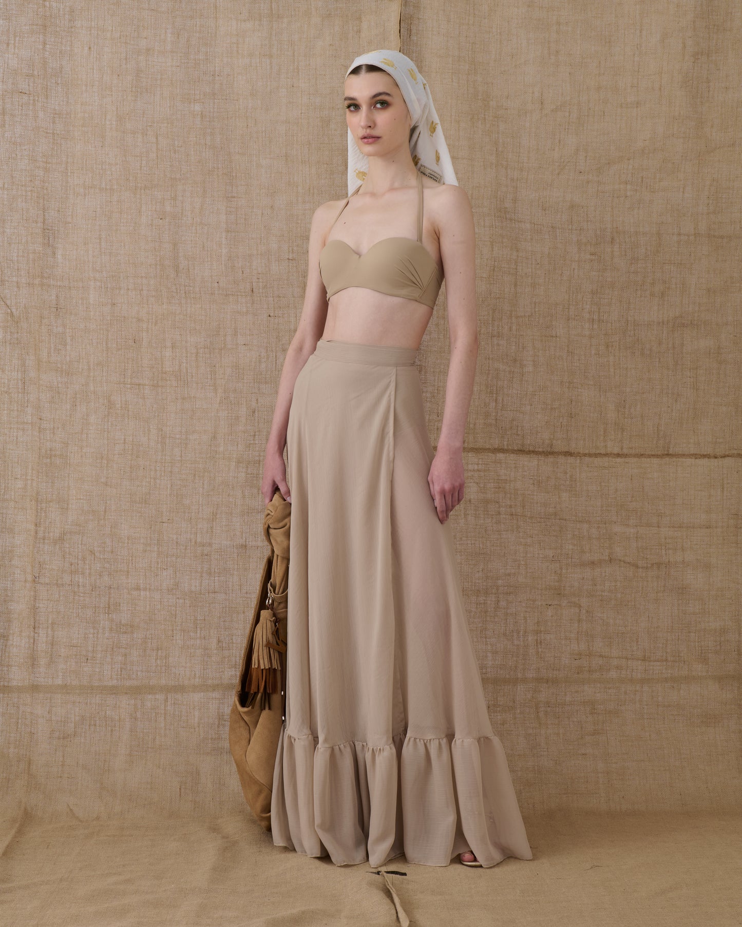VK Beige Ruffled Maxi Skirt