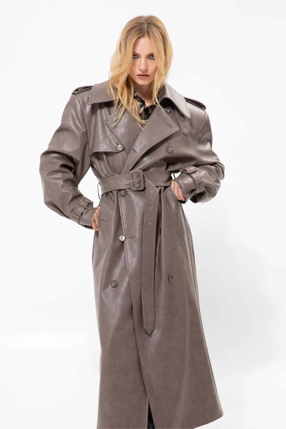 GREY FAUX LEATHER TRENCH COAT