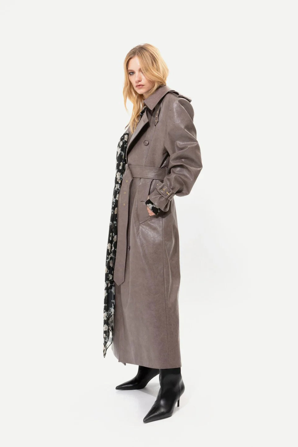 GREY FAUX LEATHER TRENCH COAT