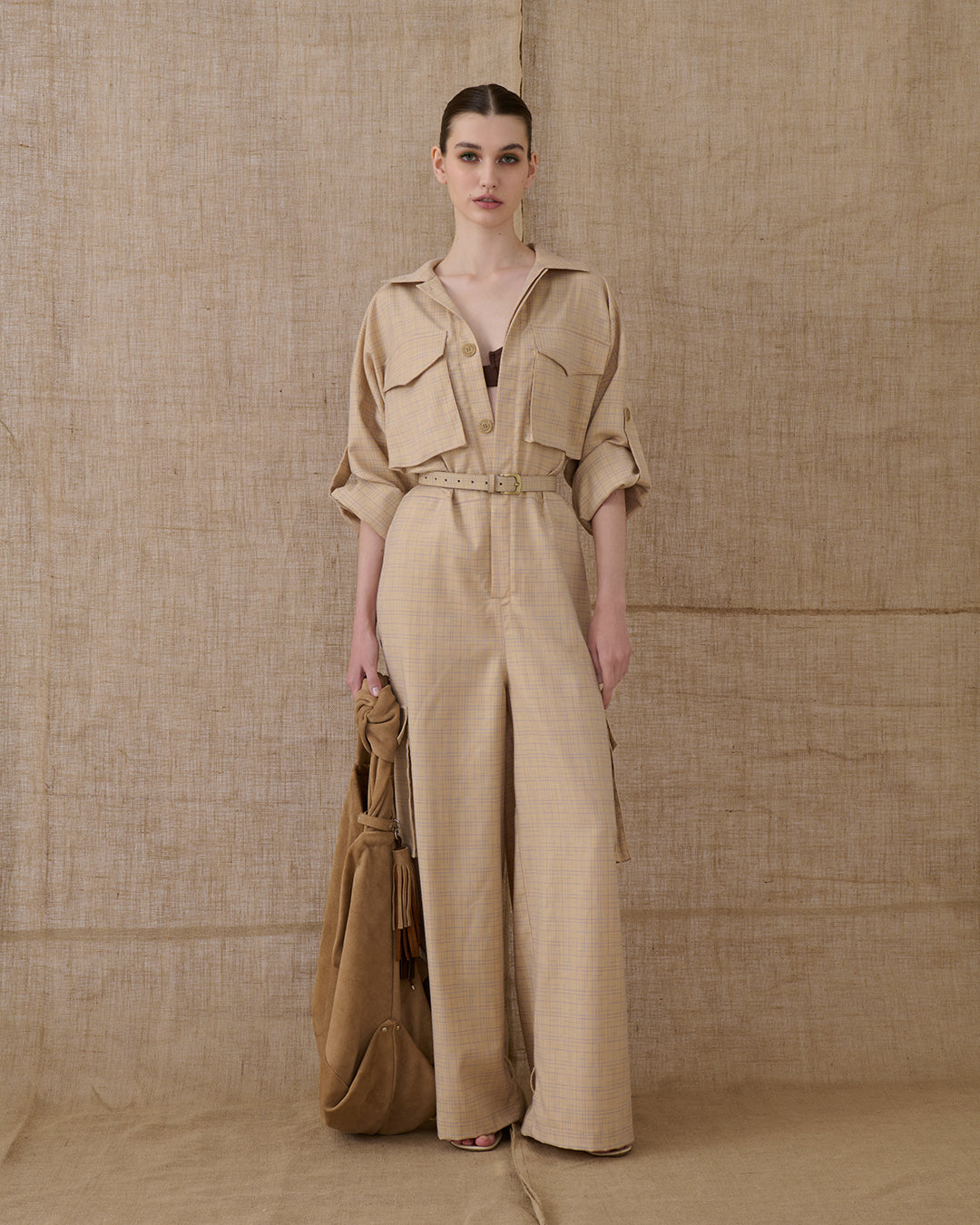 VK BEIGE CHEQUERED JUMPSUIT
