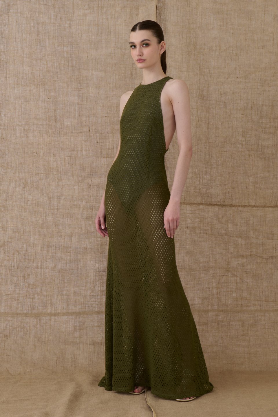 VK Khaki Crocheted Maxi Dress