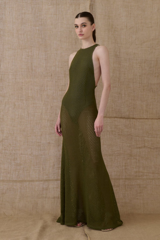 VK Khaki Crocheted Maxi Dress