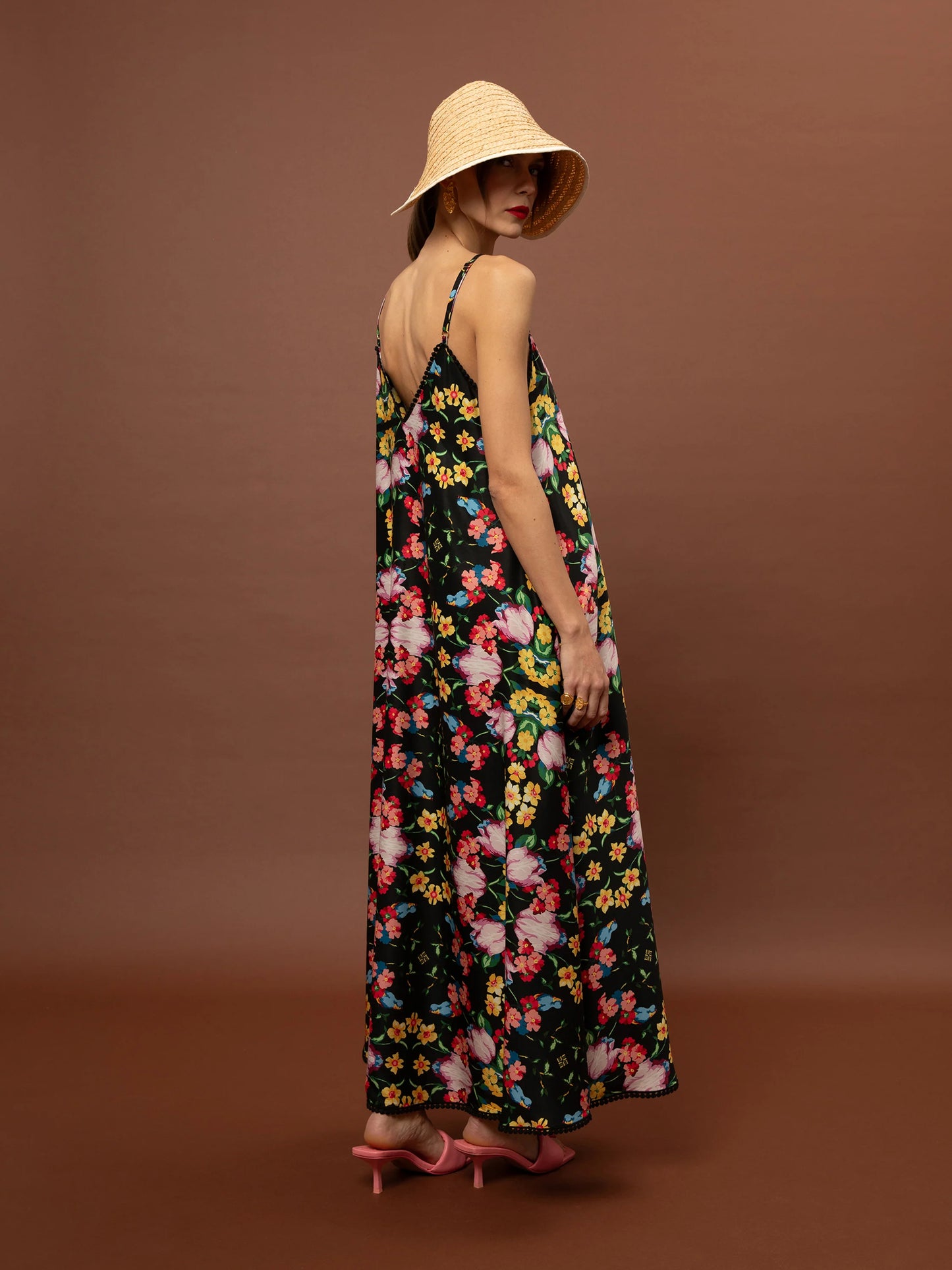 A-Line Maxi Dress Blossoms - Black
