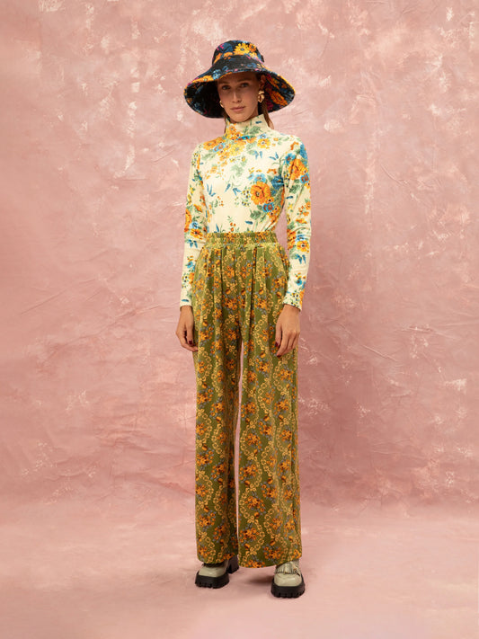 Fluffy Elasticated- Waist Pants - Lace Bouquet Lime