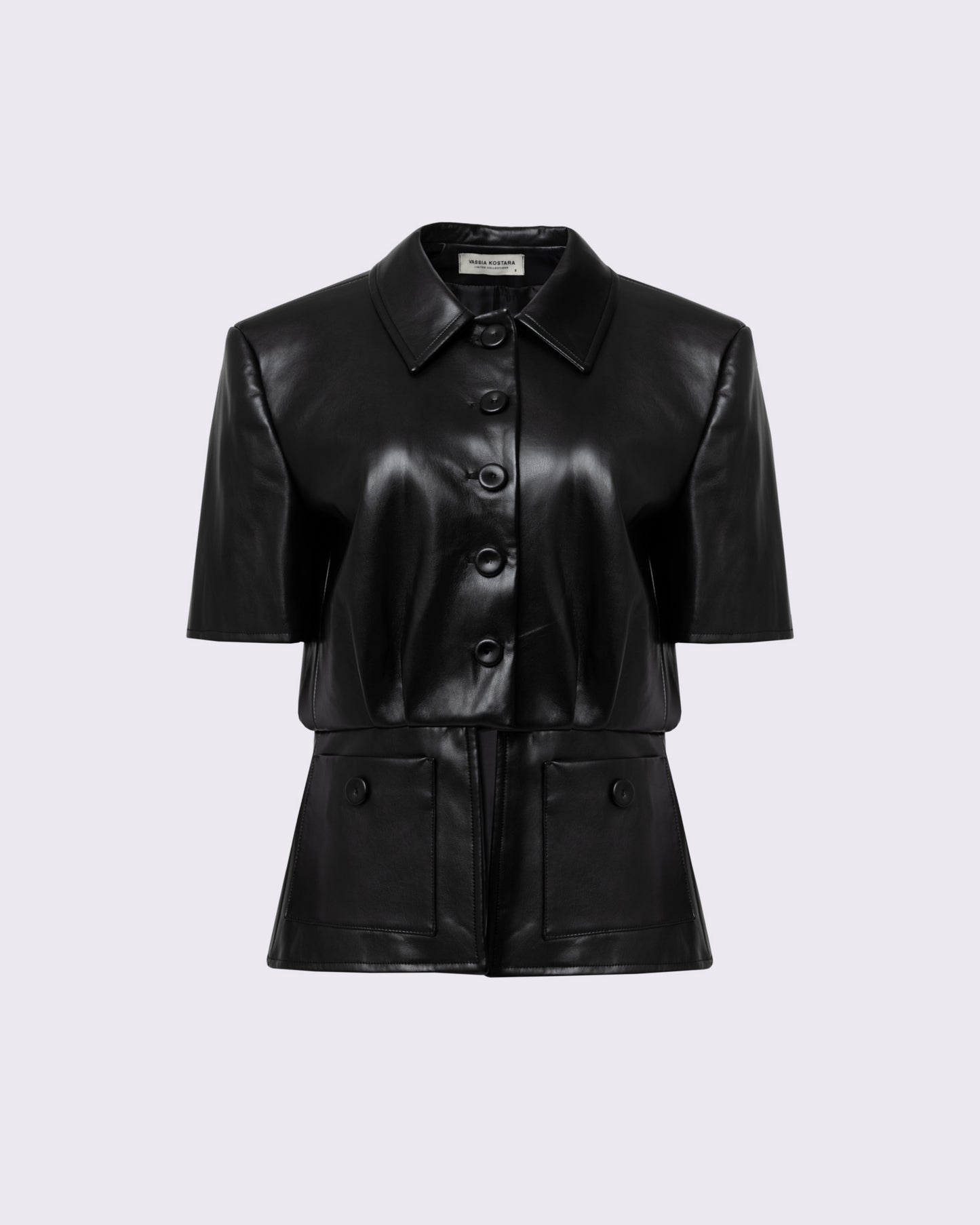 Black Faux Leather Short- Sleeve Blazer