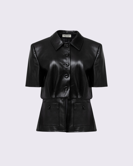 Black Faux Leather Short- Sleeve Blazer