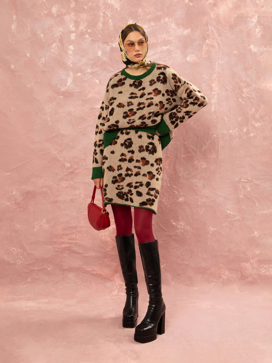 Jacquard Knit Mini Skirt Leopard