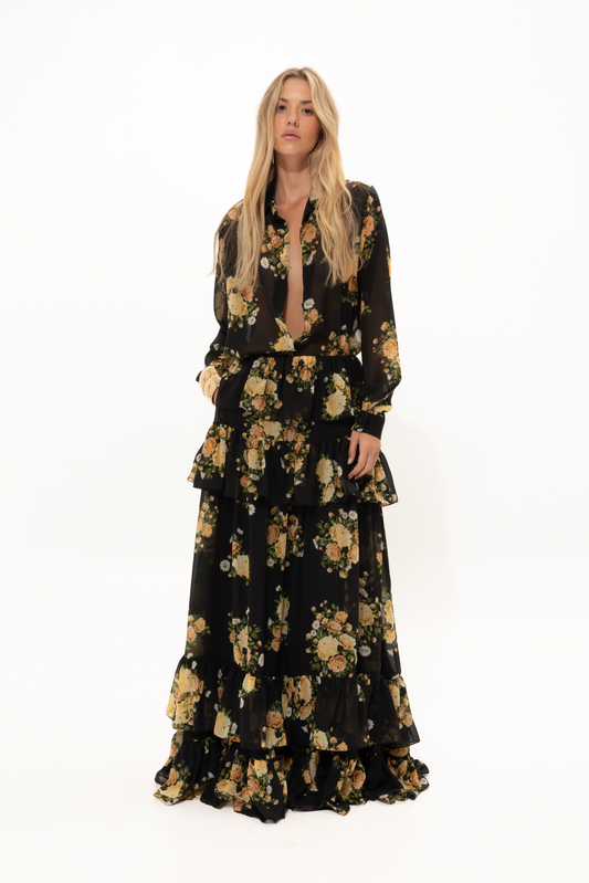 VK Black Floral Ruffled Skirt