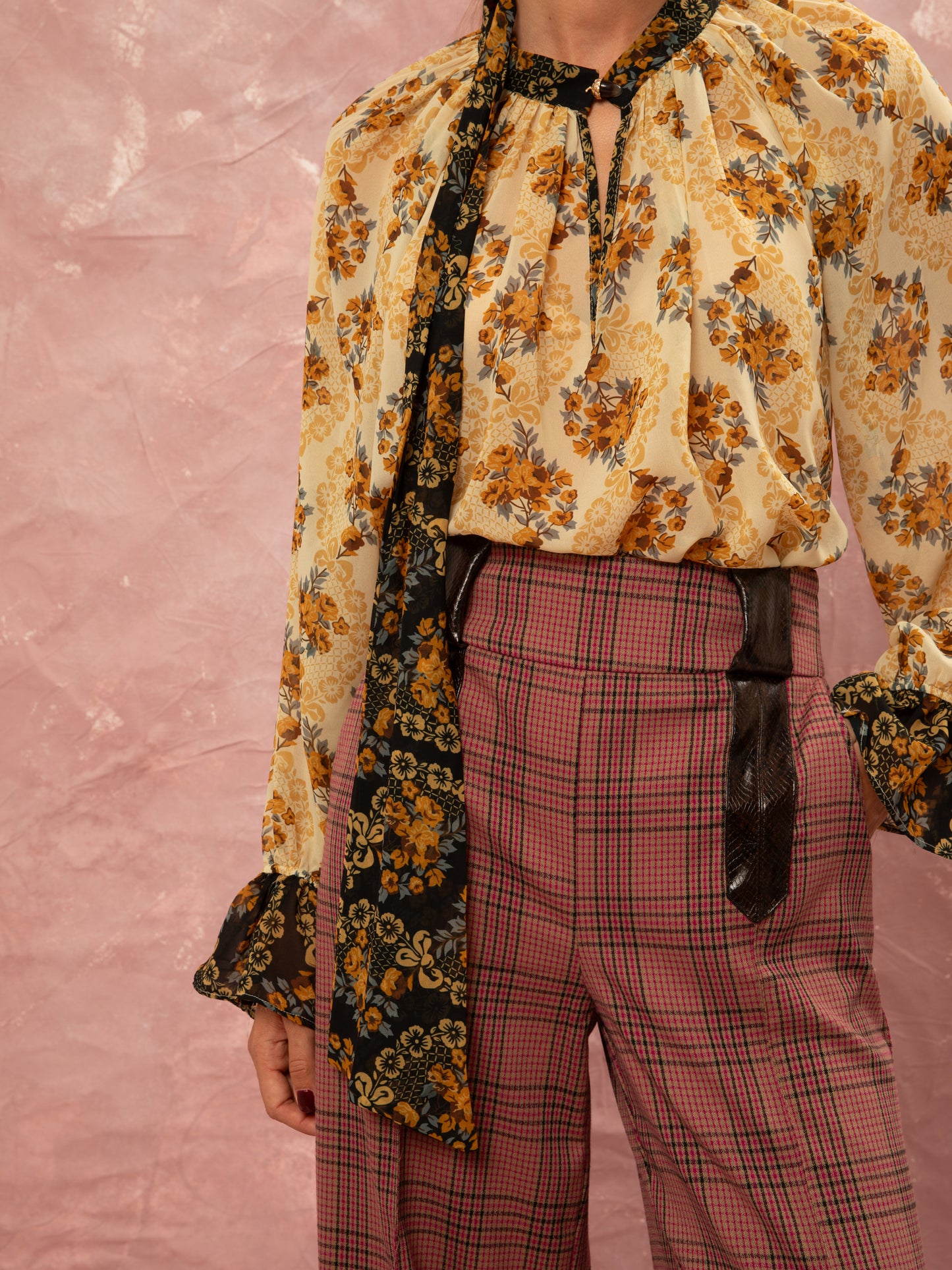 Scarf Neck Chiffon Shirt - Lace Bouquet Cream