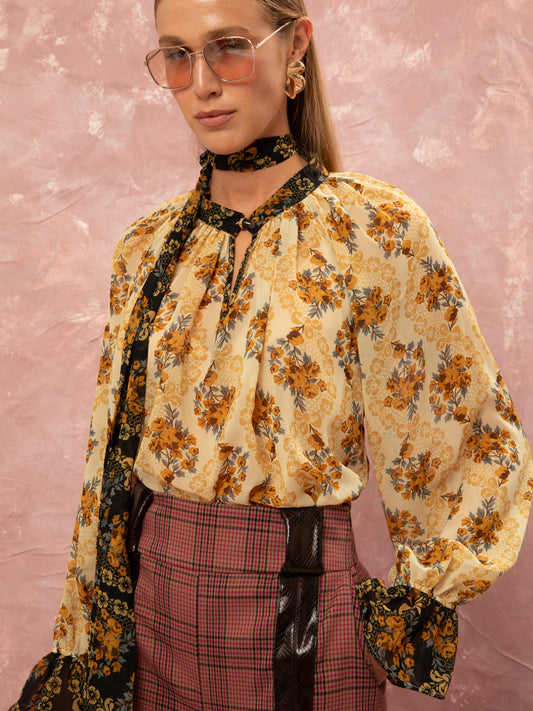 Scarf Neck Chiffon Shirt - Lace Bouquet Cream