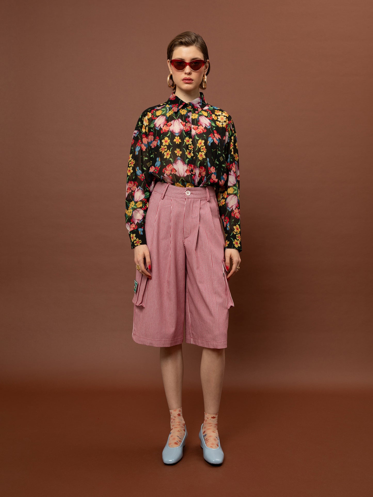 Oversized Chiffon Shirt One Size - Black Blossoms