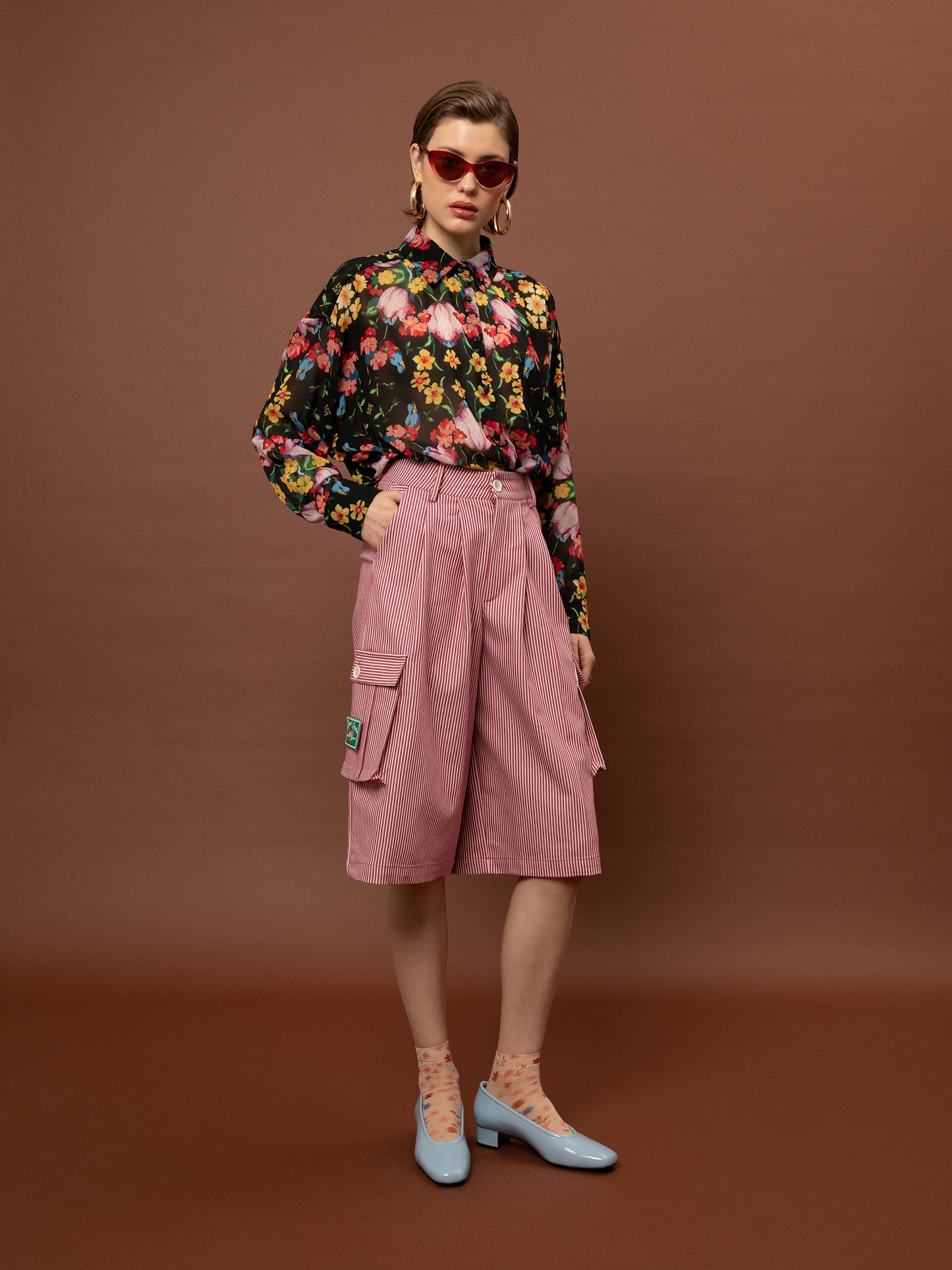 Oversized Chiffon Shirt One Size - Black Blossoms