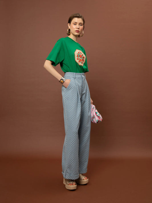 Wide-Leg Pleated Pants - Denim