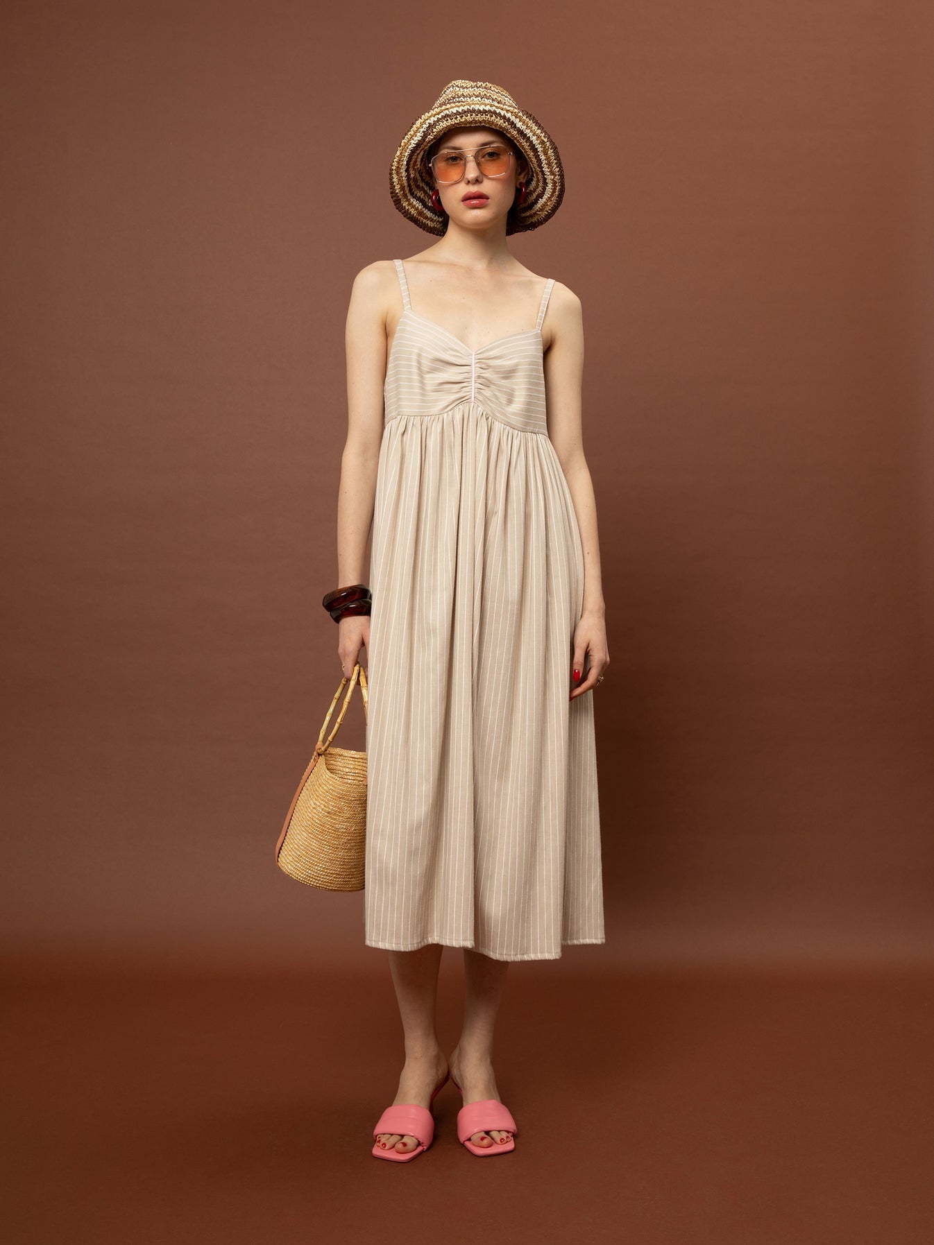 Sweetheart Tiered Dress - Stripes Beige