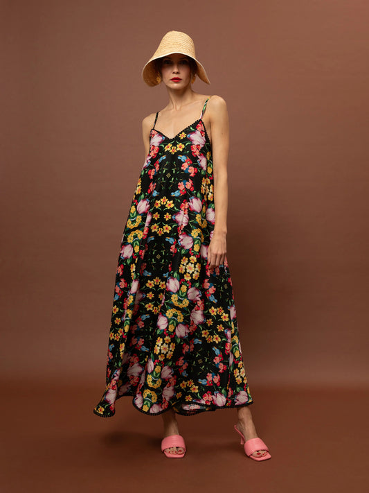 A-Line Maxi Dress Blossoms - Black