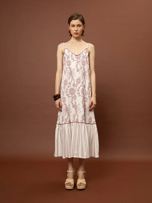Tiered Jacquard Dress - White & Red