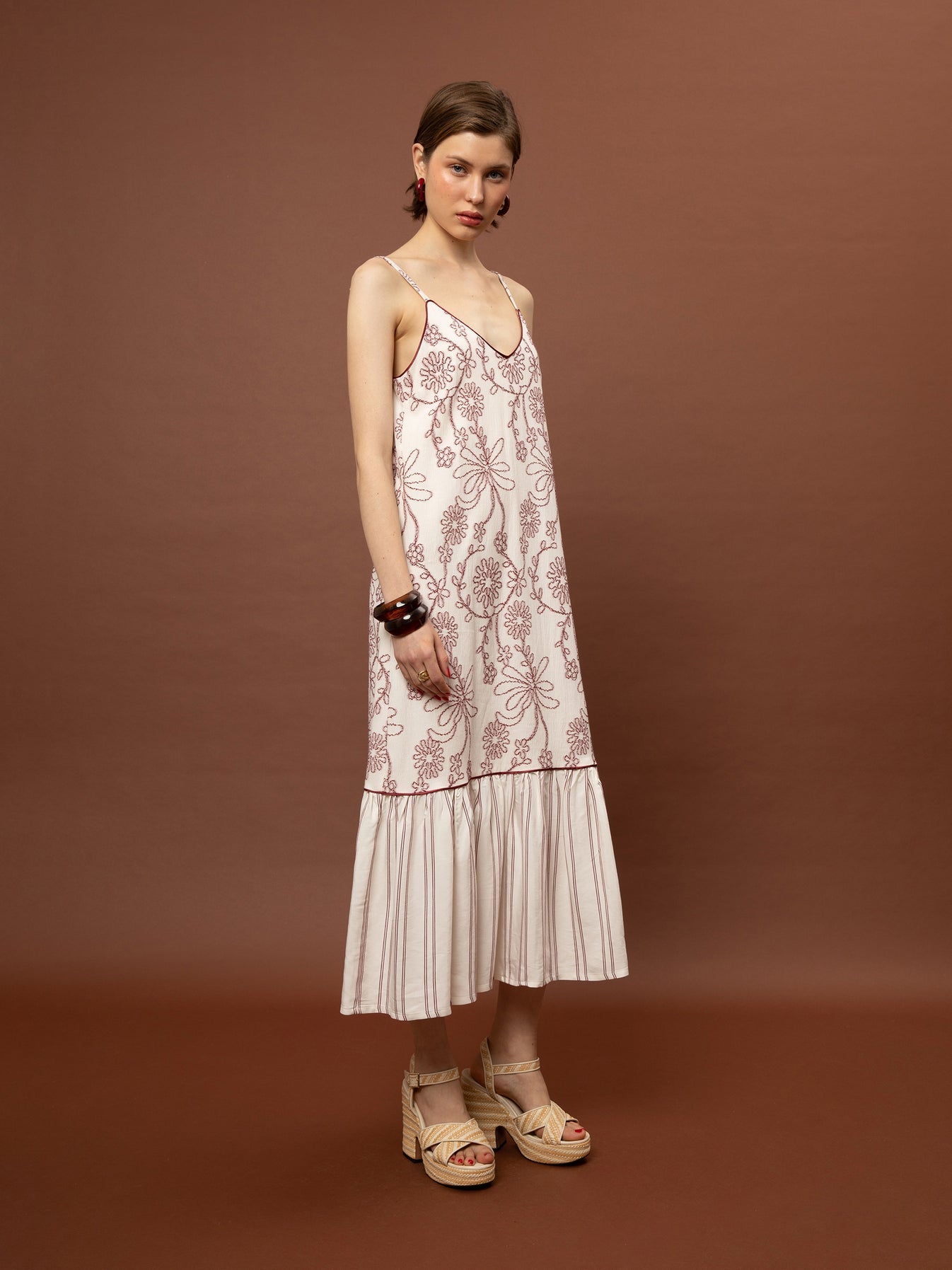Tiered Jacquard Dress - White & Red
