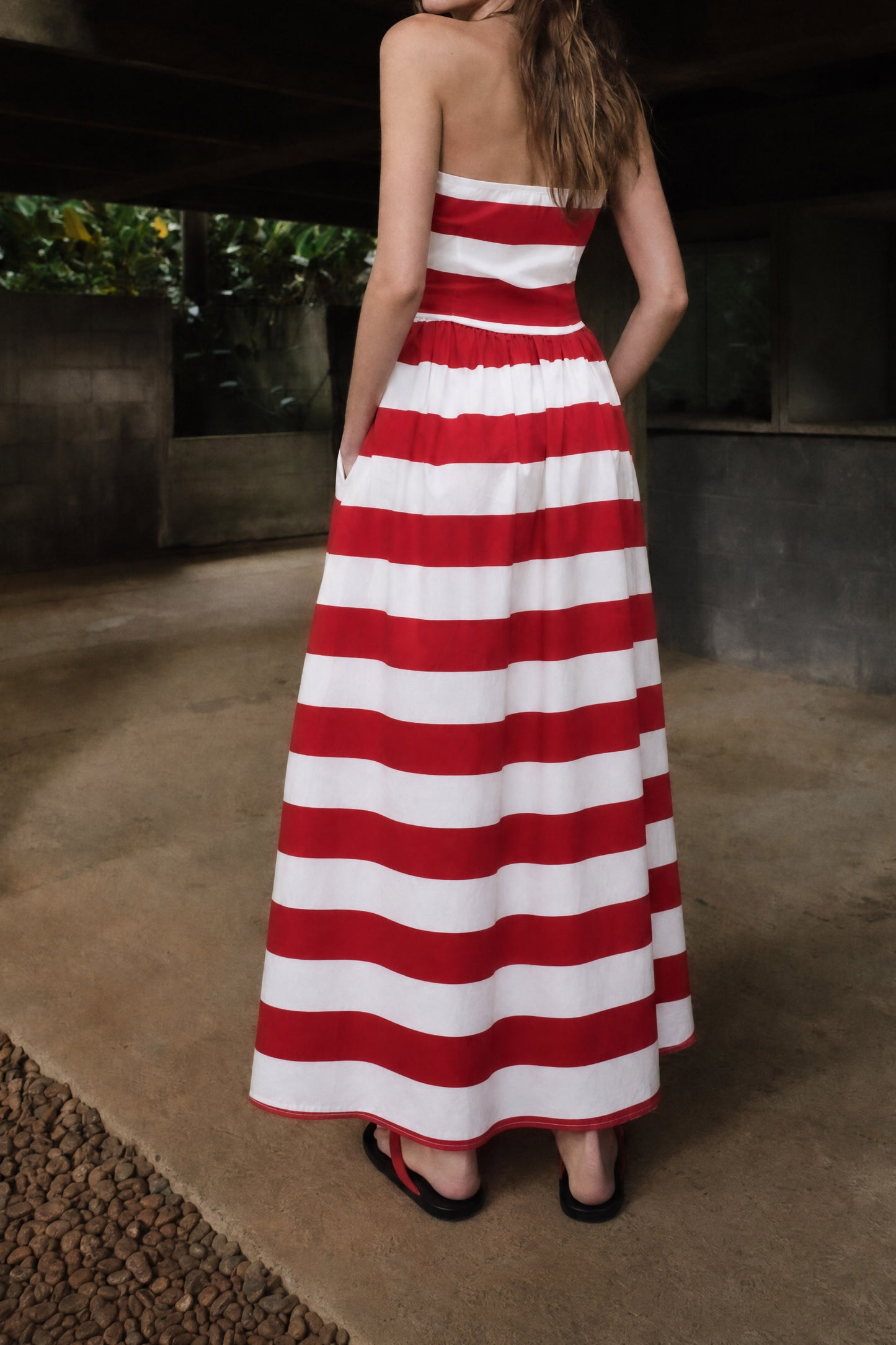 Striped Strapless Dress - Red