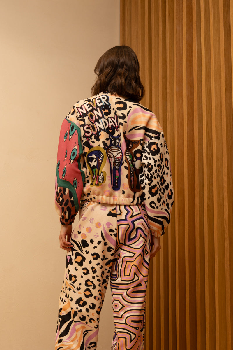 Never On Sunday Unisex Bomber Jacket - Ecru Leopard